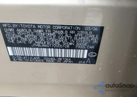 2007 Lexus Es 350 z USA, uszkodzony, nr VIN JTHBJ46G172005108